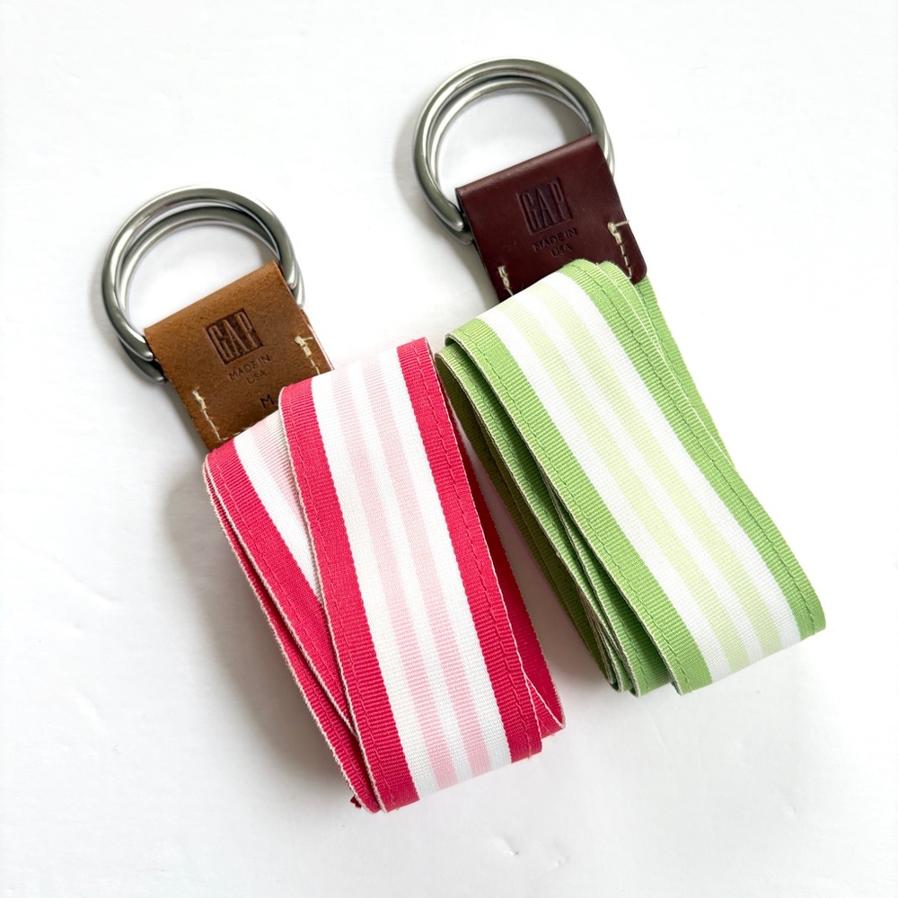 GAP Women's Ribbon Belts Medium Set of 2 Silver D-Ring Buckle Green Pink Stripes
